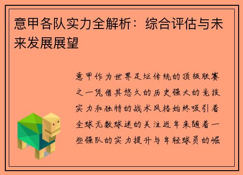 意甲各队实力全解析：综合评估与未来发展展望