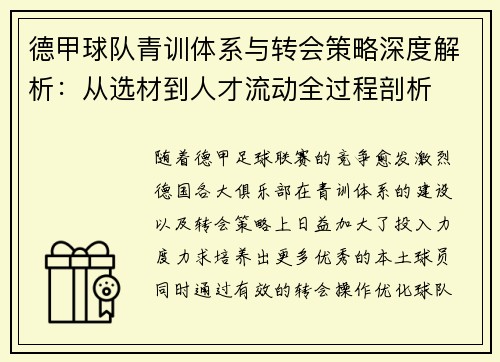 德甲球队青训体系与转会策略深度解析：从选材到人才流动全过程剖析