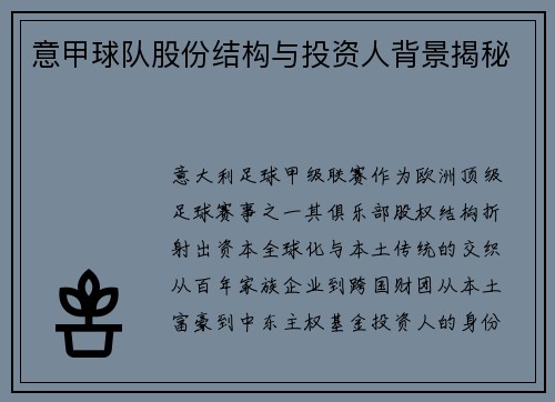意甲球队股份结构与投资人背景揭秘