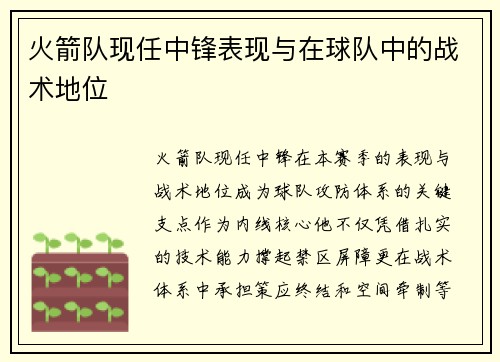 火箭队现任中锋表现与在球队中的战术地位